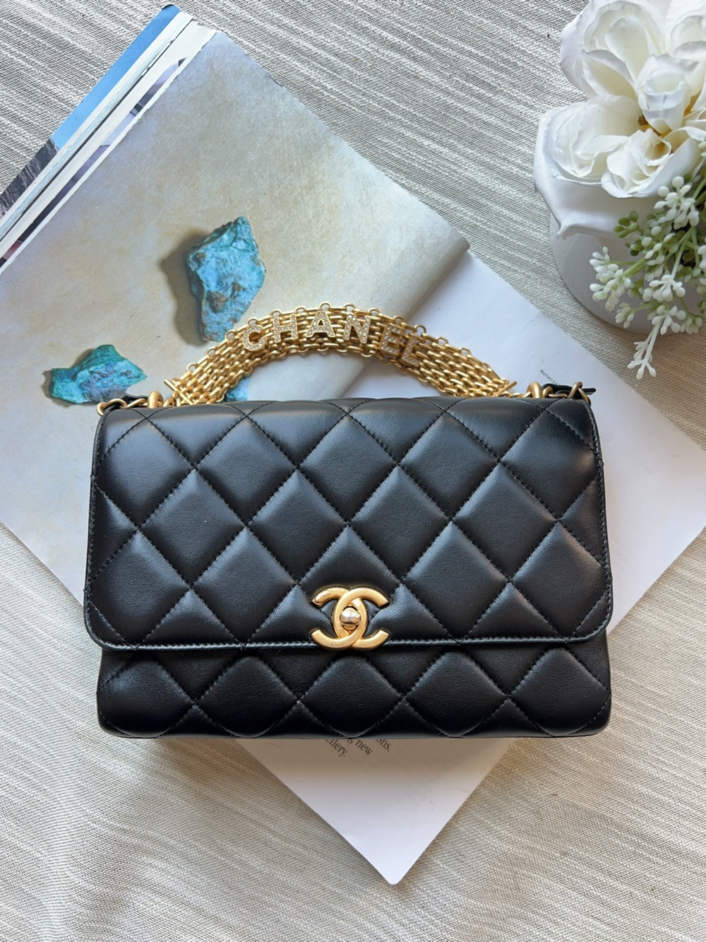 Chanel Crystal Logo Chain Top Handle Small Quilted Lambskin Black